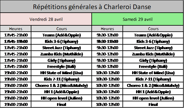 Horaire des répétitions spectacle